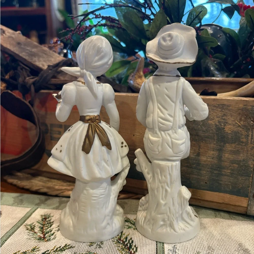 Vintage Bisque Porcelain Little Girl & Boy Figurines gold accents Made In Korea
